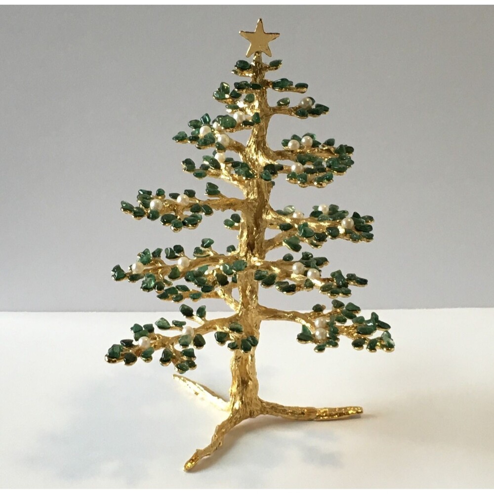 Gold Tone Metal Christmas Tree Figurine with Green Stones 6" Table Mantel Decor